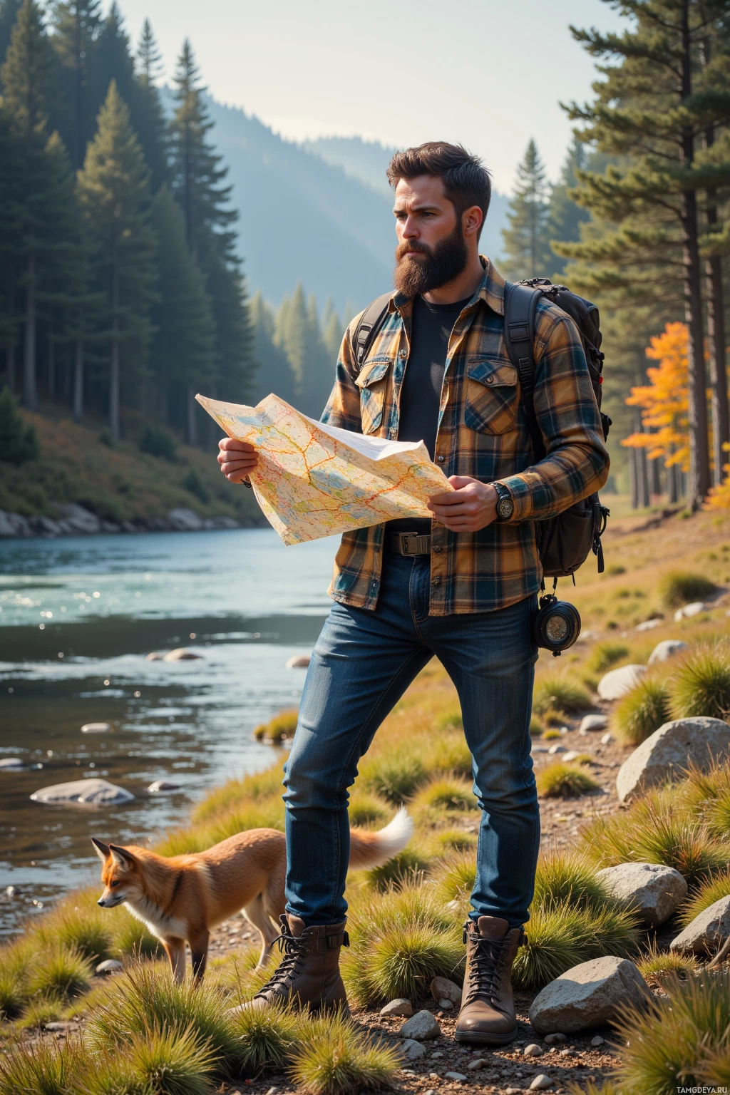 Realistic high quality photo. A rugged 38‑year‑old man with short dark brown hair, thick beard, dark brown eyes, wearing a plaid shirt, worn jeans, sturdy boots, standing on a riverbank beside a forest edge, holding a trail map and a compass, calmly watching a fox pause at the forest’s edge, early afternoon light, river flowing gently, forest surrounding.