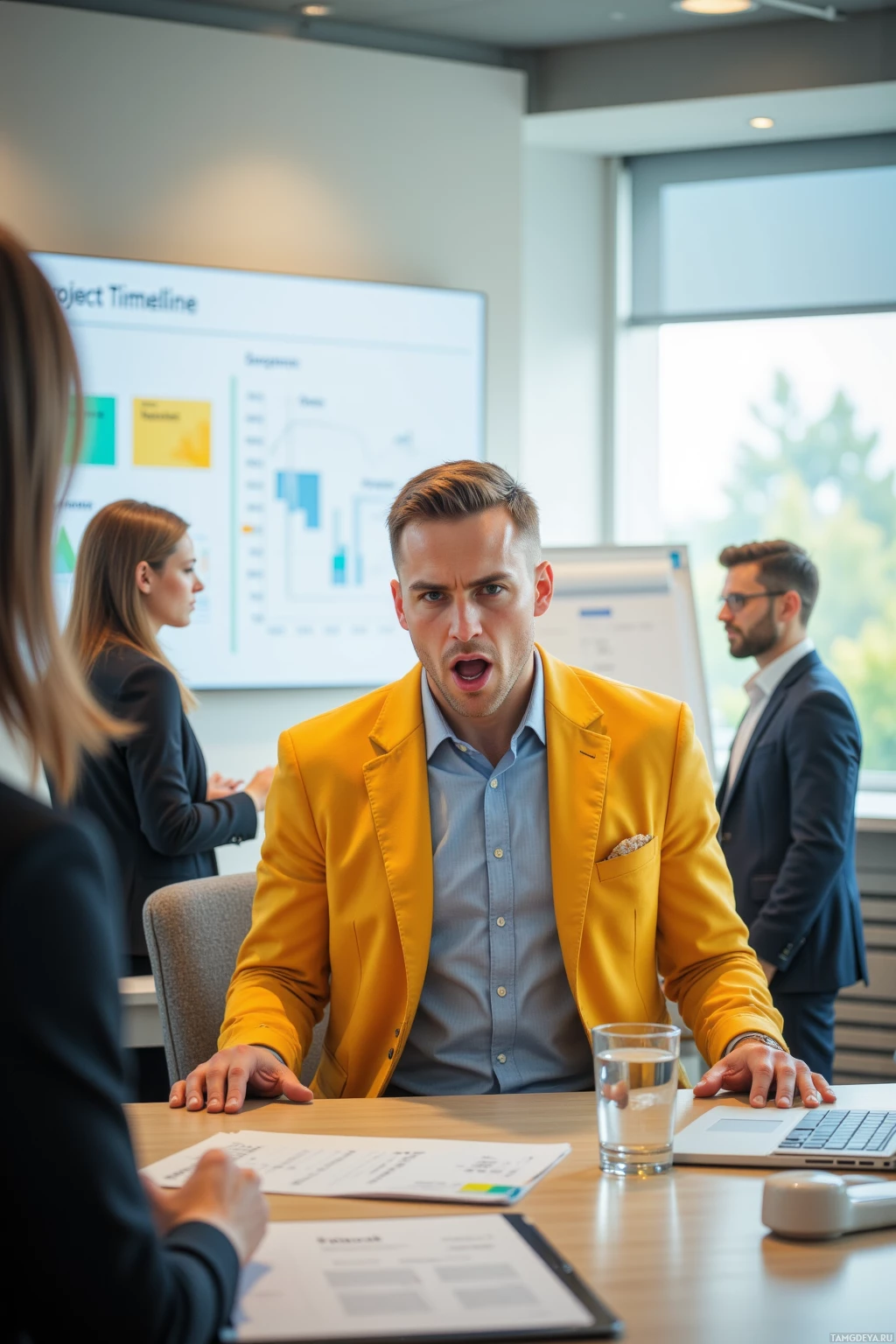 Realistic high quality photo. Male 30 with light brown shaved hair, bright blue eyes, radiant skin, wearing a sunny‑yellow blazer, shouting energetically in a modern boardroom where morning light spills over the polished floor, illuminating a digital whiteboard with project timelines and a glass of water on a sleek desk, surrounded by attentive colleagues in business attire.