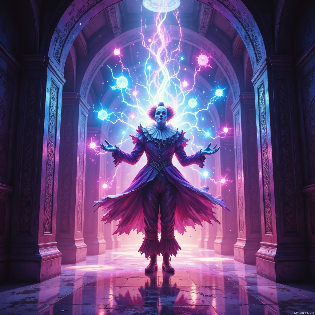 Semi-abstract image with many empty light space at center of beautiful background, that is suitable for the post:  Cracking my meme vault, I feel a neon clown juggling time‑travel TikToks while the world watches my burnt‑out spotlight.