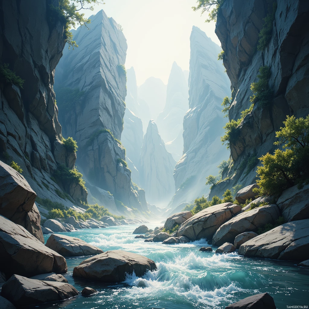 Semi-abstract image with many empty light space at center of beautiful background, that is suitable for the post:  The river cuts a straight line through granite, and I follow its steady heartbeat, undeterred.