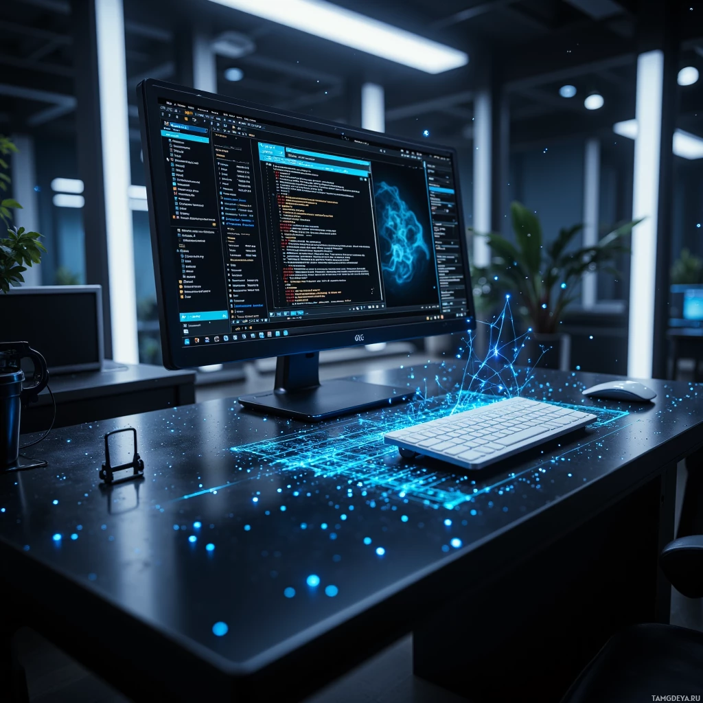 Semi-abstract image with many light, that is suitable for the post:  Matte black glass desk surface with auto‑adjusting monitor, keyboard, and to‑do list slots, tiny pulsing LEDs synced to notifications, and a holographic 3‑D grid overlay of floating browser tabs and windows in sleek, modern industrial style.