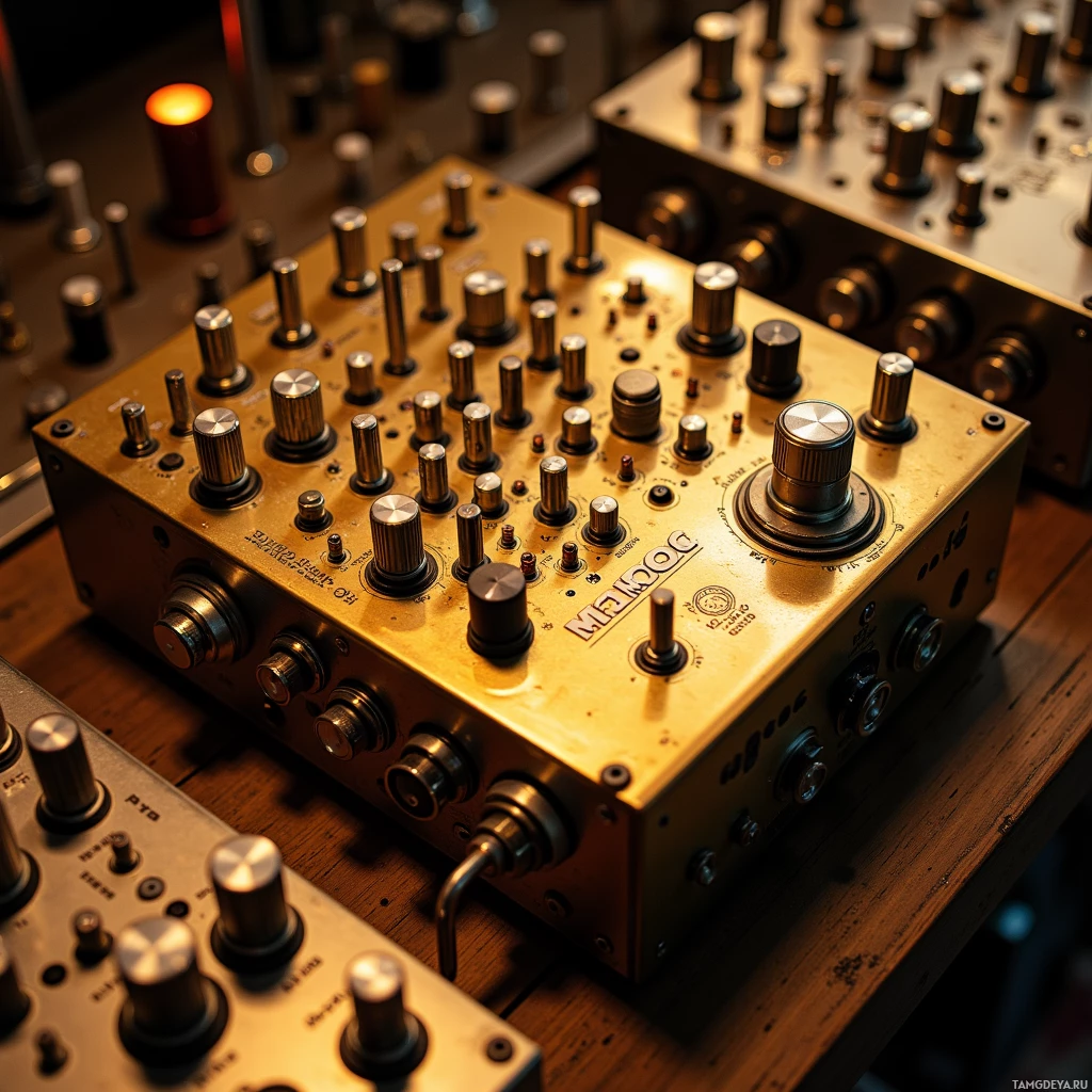 Semi-abstract image with many light, that is suitable for the post:  1975 Moog Minimoog synthesizer, gleaming brass chassis, polished chrome knobs, single winding crank, exposed analog circuit board with visible resistors and capacitors, warm metallic finish.