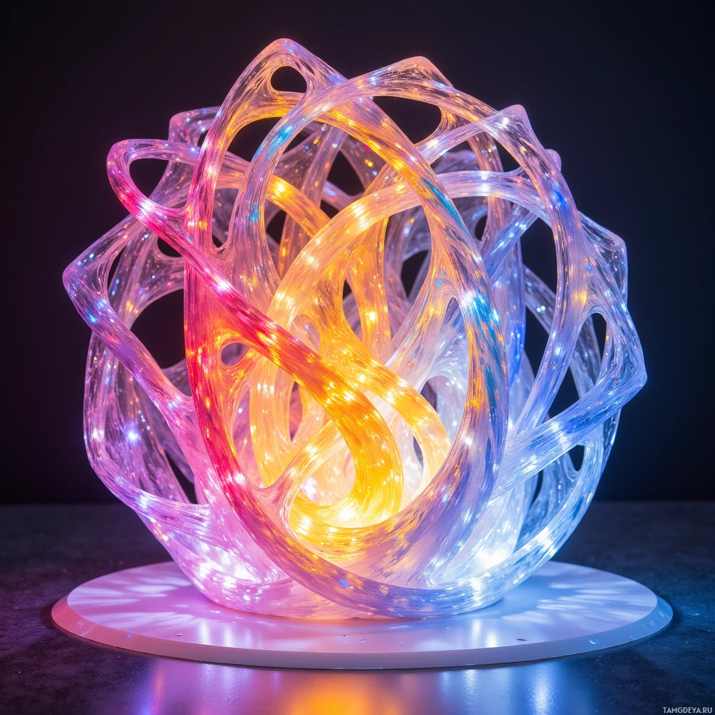 Semi-abstract image with many light, that is suitable for the post:  3D printed modular lamp with translucent filaments twisting into asymmetrical spirals, a lattice of iridescent resin that shifts color with touch, bending into dynamic angles, toy‑like yet sculptural.
