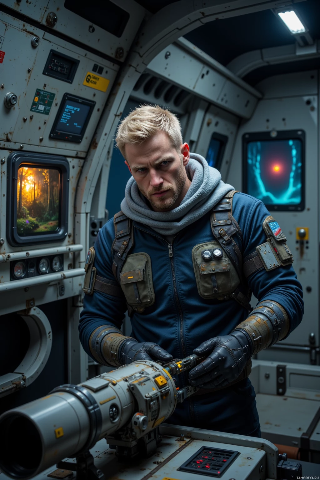A person in a space suit operates a large, intricate device in a futuristic setting.