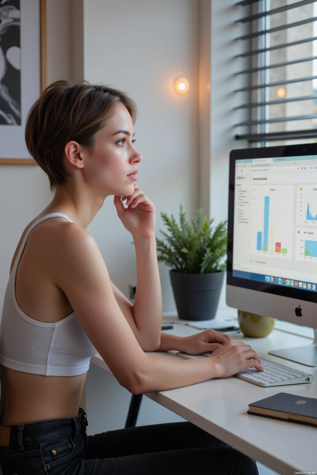 A woman sits at a desk, working on a computer with a thoughtfully posed hand on her chin.