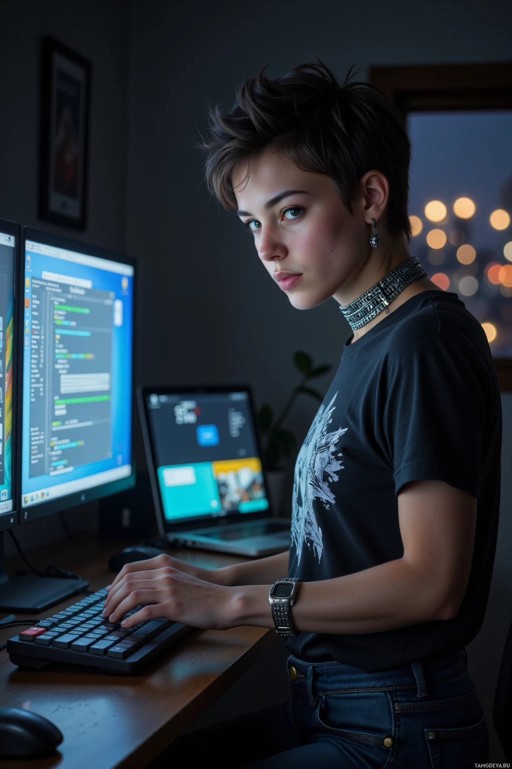 A person with short hair is working at a desk with a computer and a laptop.