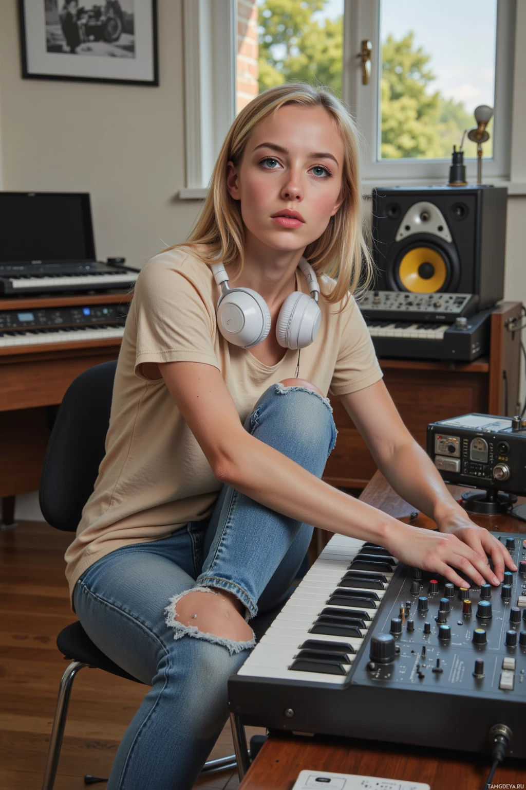 A person sits in a home studio, wearing headphones and interacting with a keyboard and mixing console.