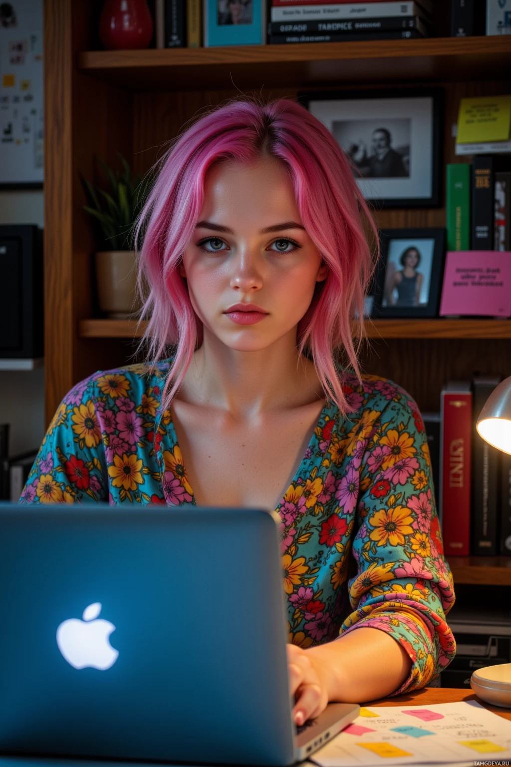 A person with pink hair sits at a desk, working on a laptop.
