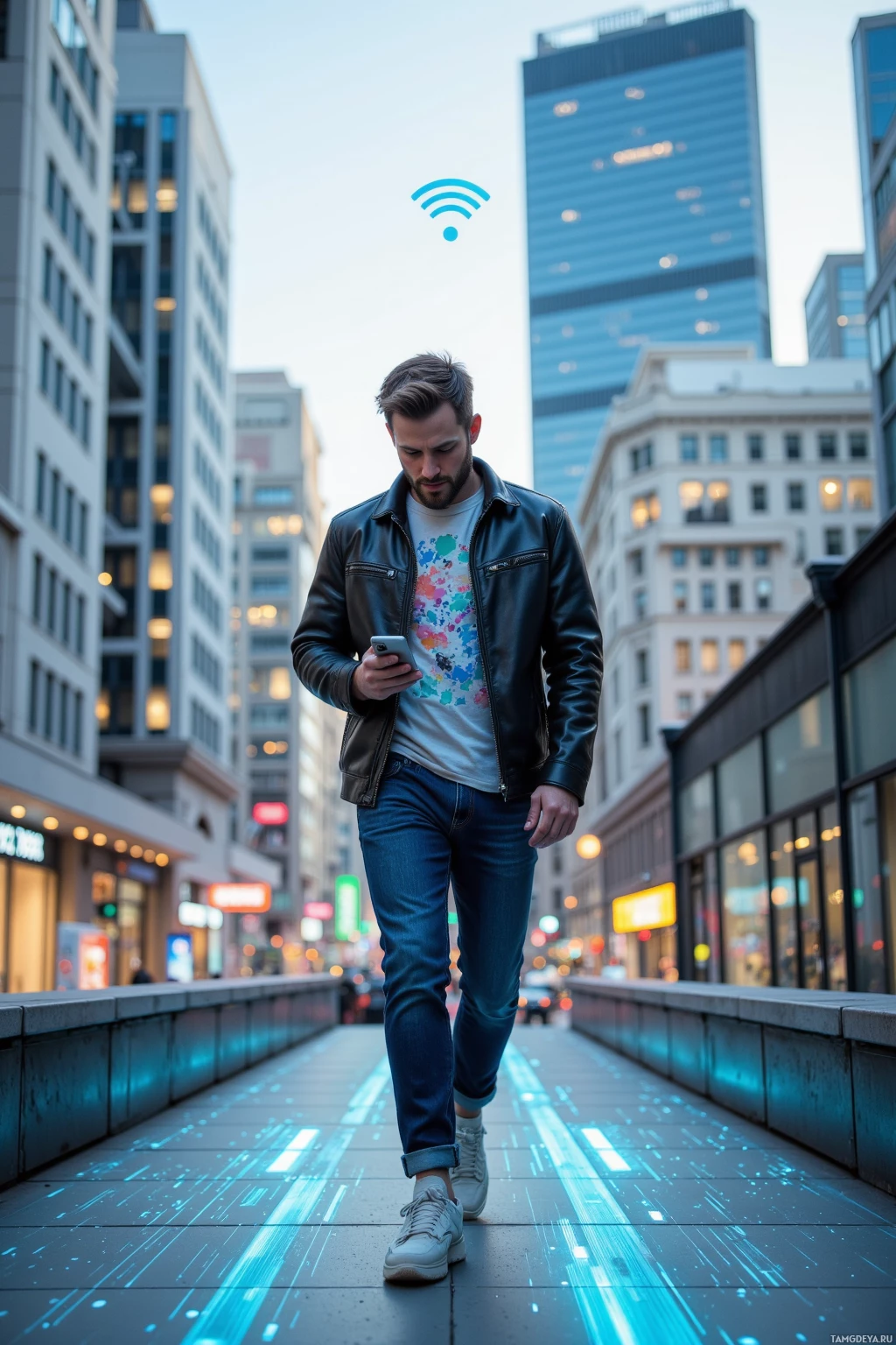 A man walks down a city street while looking at his phone, with a digital signal icon above him.