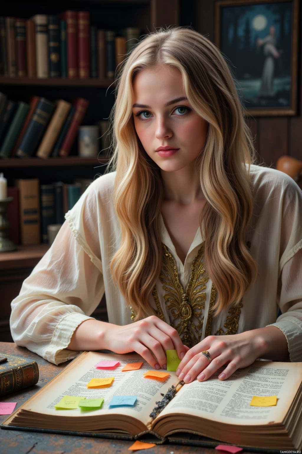 A woman with long blonde hair sits at a desk with an open book and sticky notes, surrounded by bookshelves.