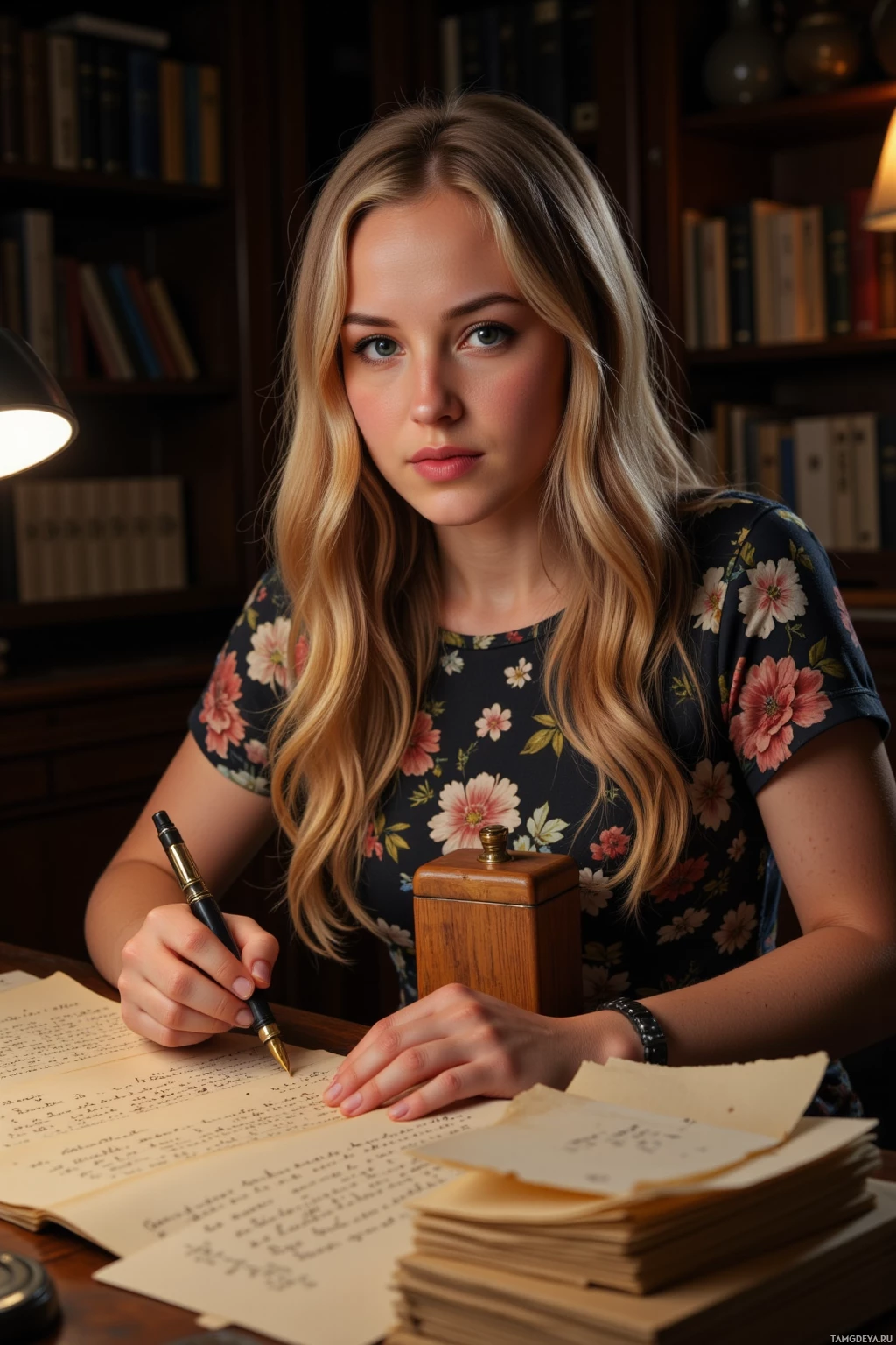 A woman is sitting at a desk, writing in a notebook with a fountain pen.
