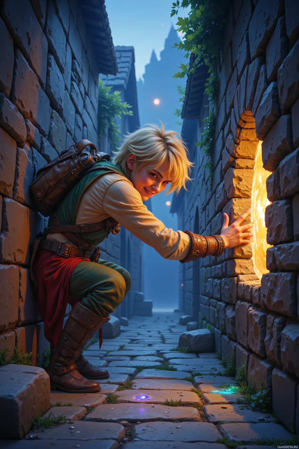 A young person with blonde hair leans against a stone wall in a cobblestone alleyway, wearing a green vest and brown boots.