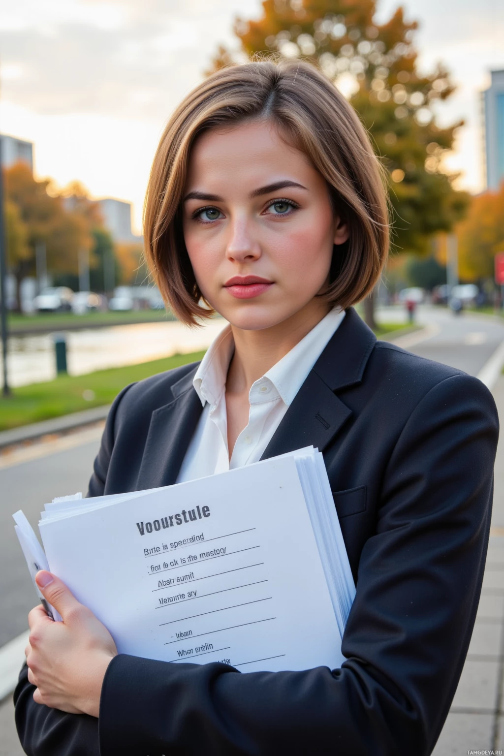 A woman in a business suit holds a folder with papers, standing outdoors.