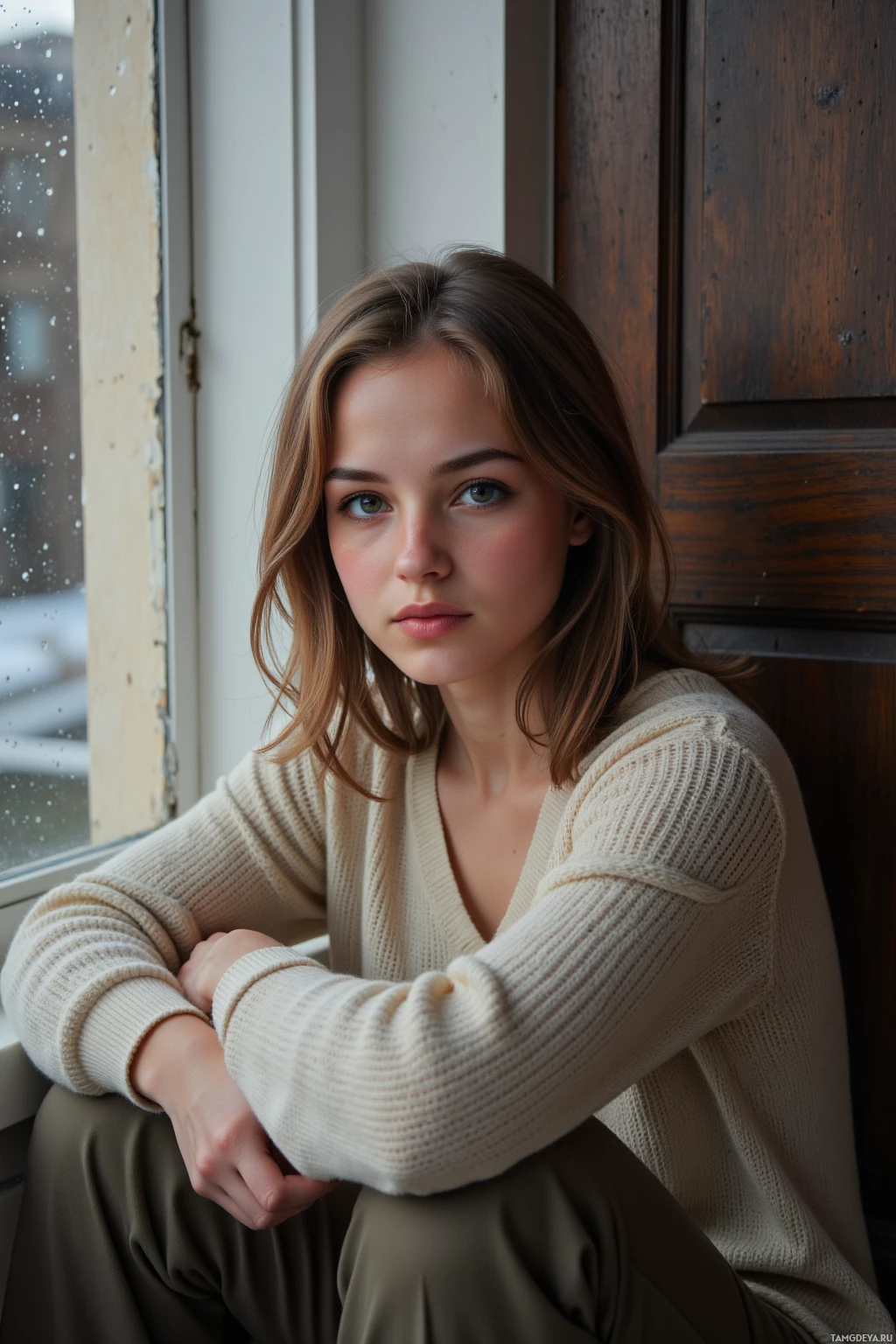 A person in a beige sweater sits by a window with raindrops visible on the glass.