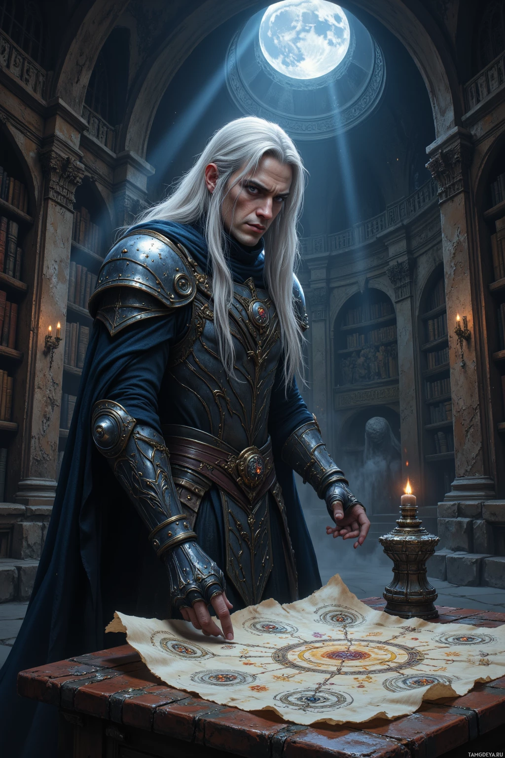 A wizard in ornate armor stands in a grand library, examining a mystical map illuminated by a candle.