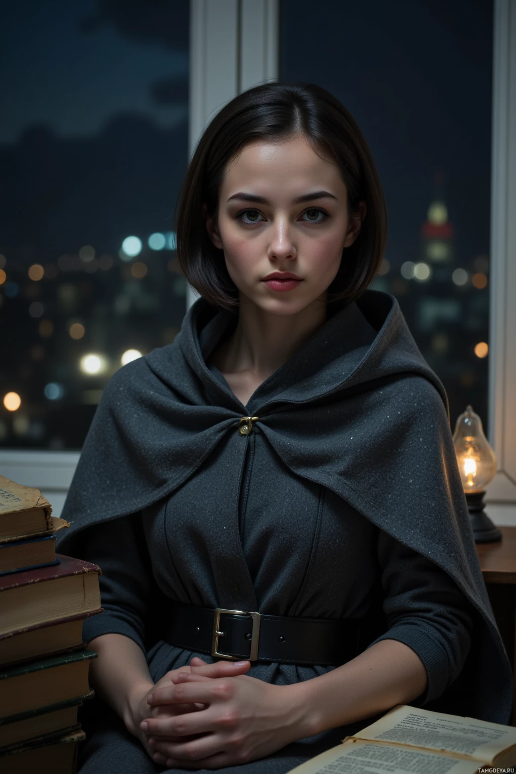 A person wearing a dark cloak and sitting by a window with city lights in the background.