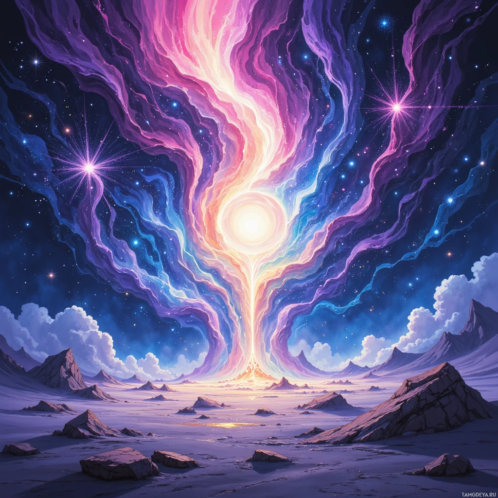 A vibrant cosmic landscape featuring a radiant sunburst and ethereal clouds over a rocky terrain.