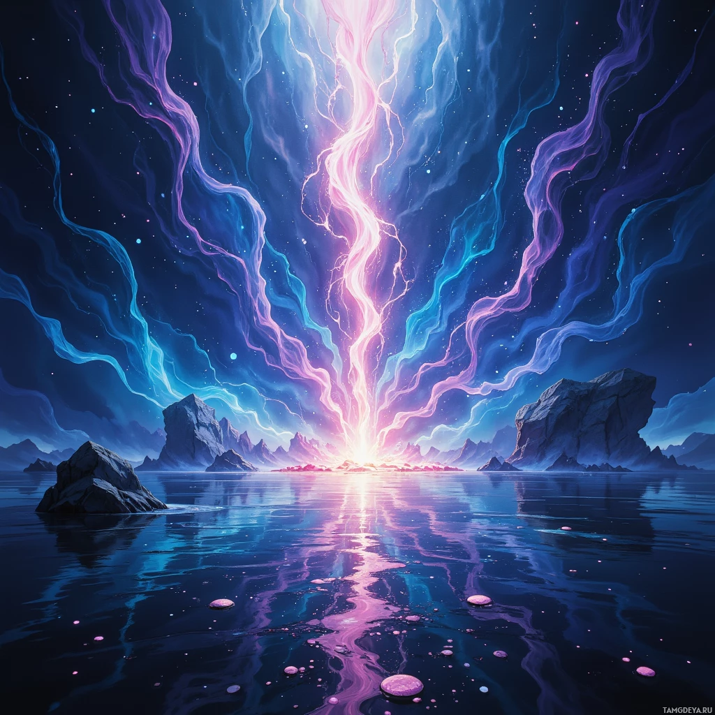 A vibrant, cosmic scene with glowing, wavy lines and a reflective body of water.