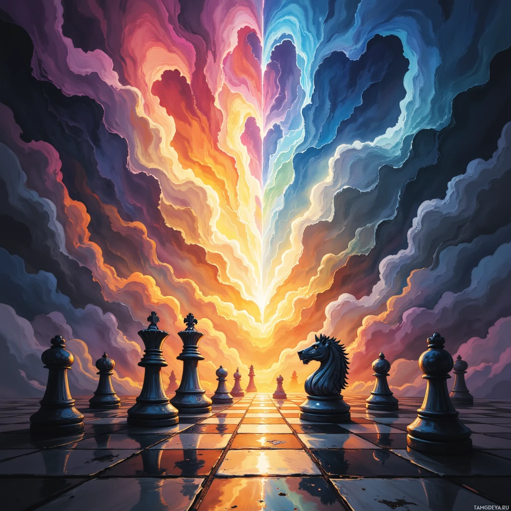 A surreal chessboard scene with vibrant, swirling colors and chess pieces arranged in a line.