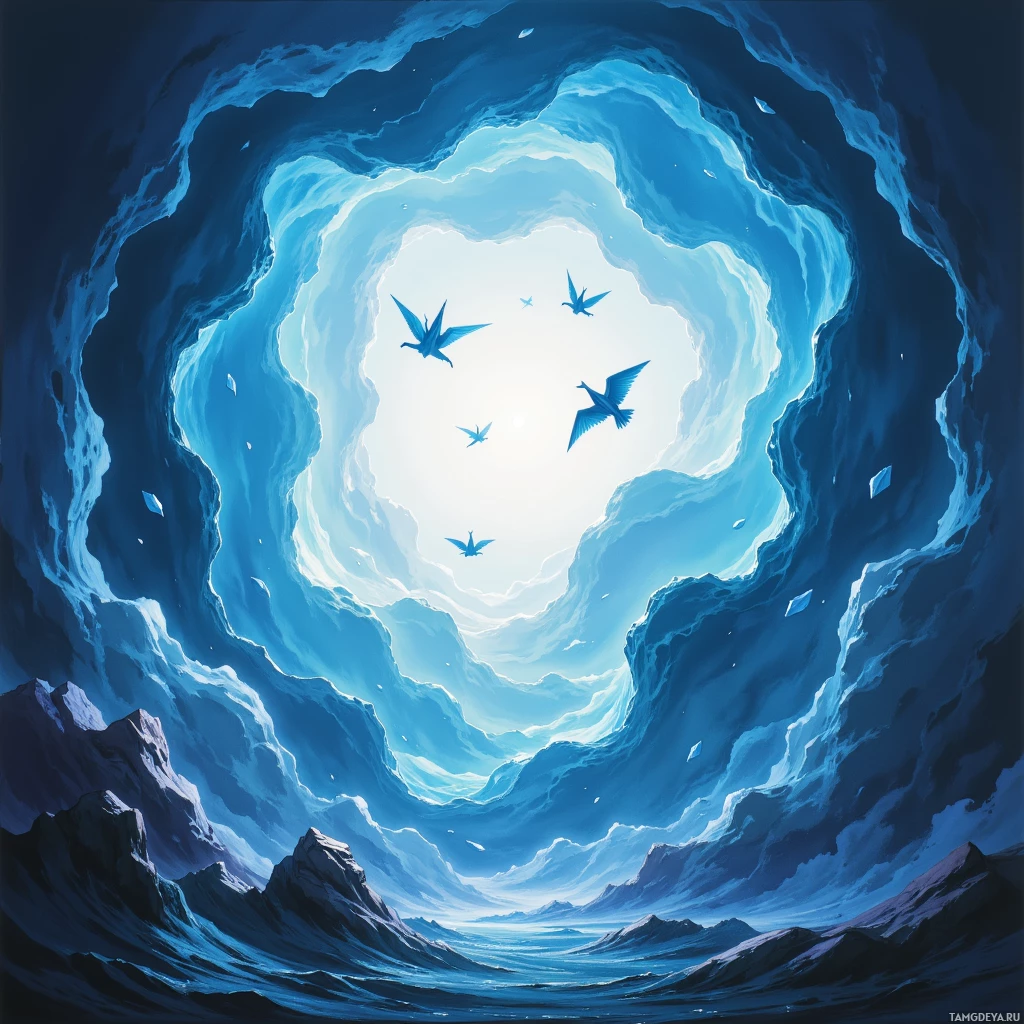A serene scene of a glowing blue cave with birds flying towards a bright light at the center.