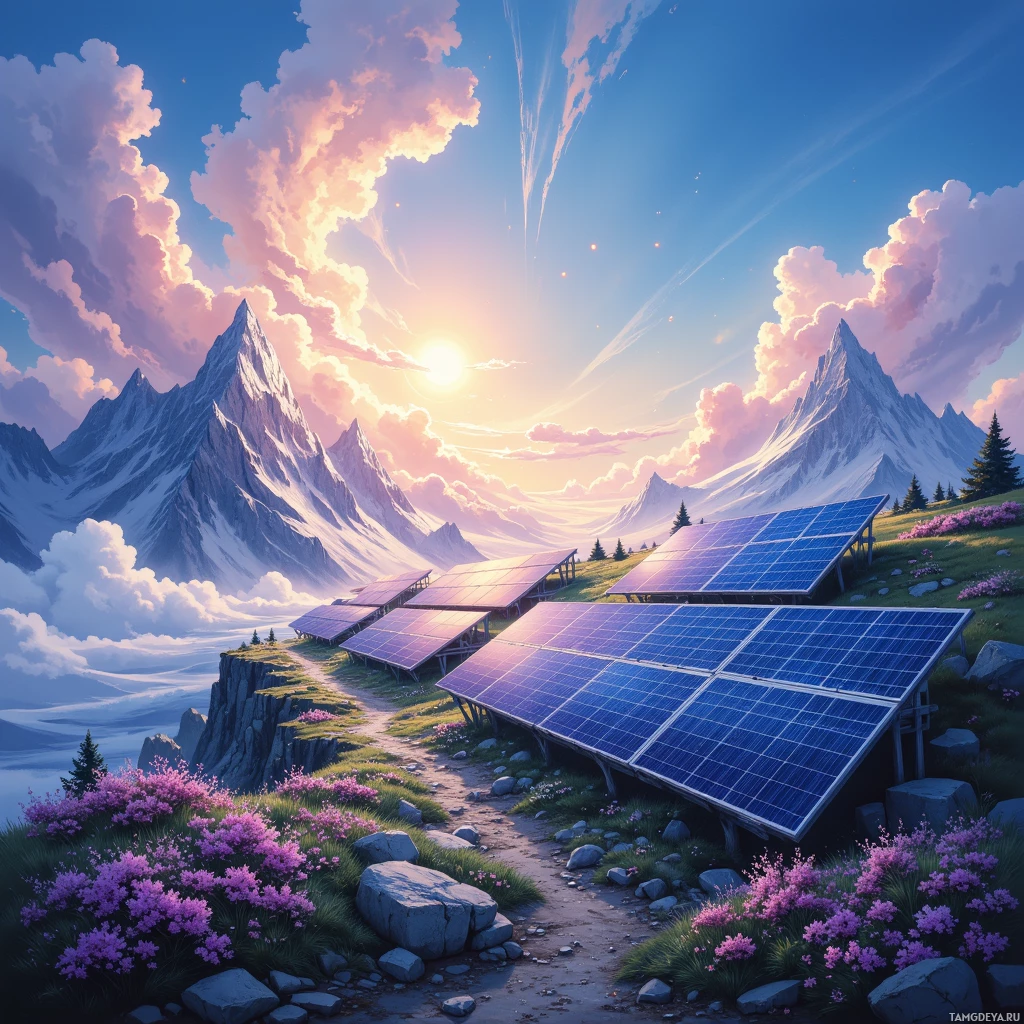 Solar panels are installed on a mountain slope under a vibrant sky.