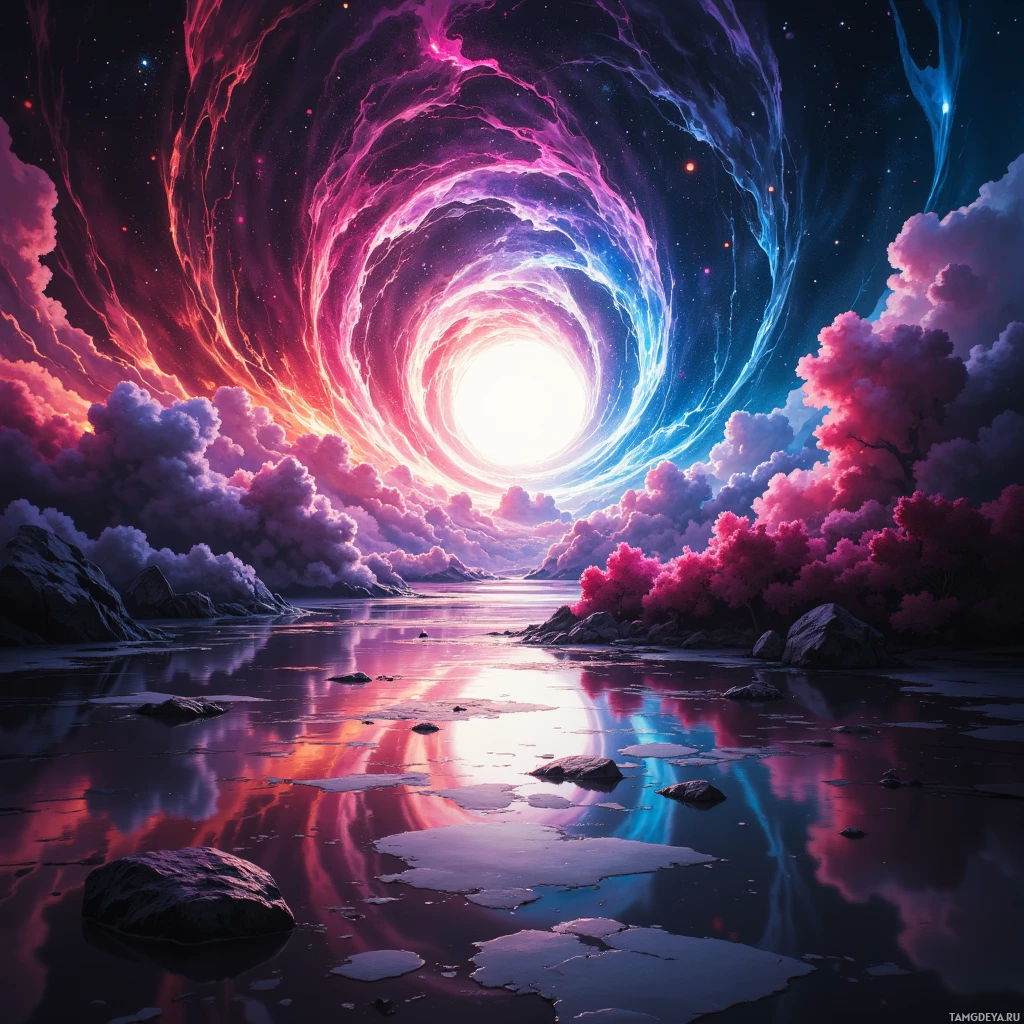 A surreal landscape featuring a glowing tunnel in the sky, reflected in a calm body of water surrounded by rocky terrain and vibrant clouds.