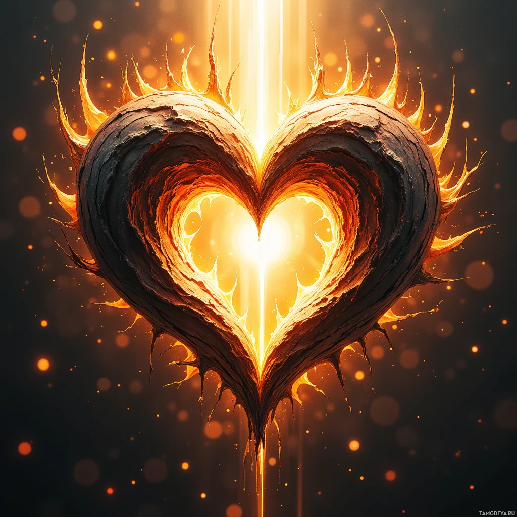 A glowing, fiery heart with a radiant light at its center.