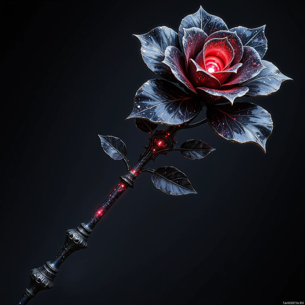 A dark, metallic rose with glowing red centers and leaves, set against a black background.