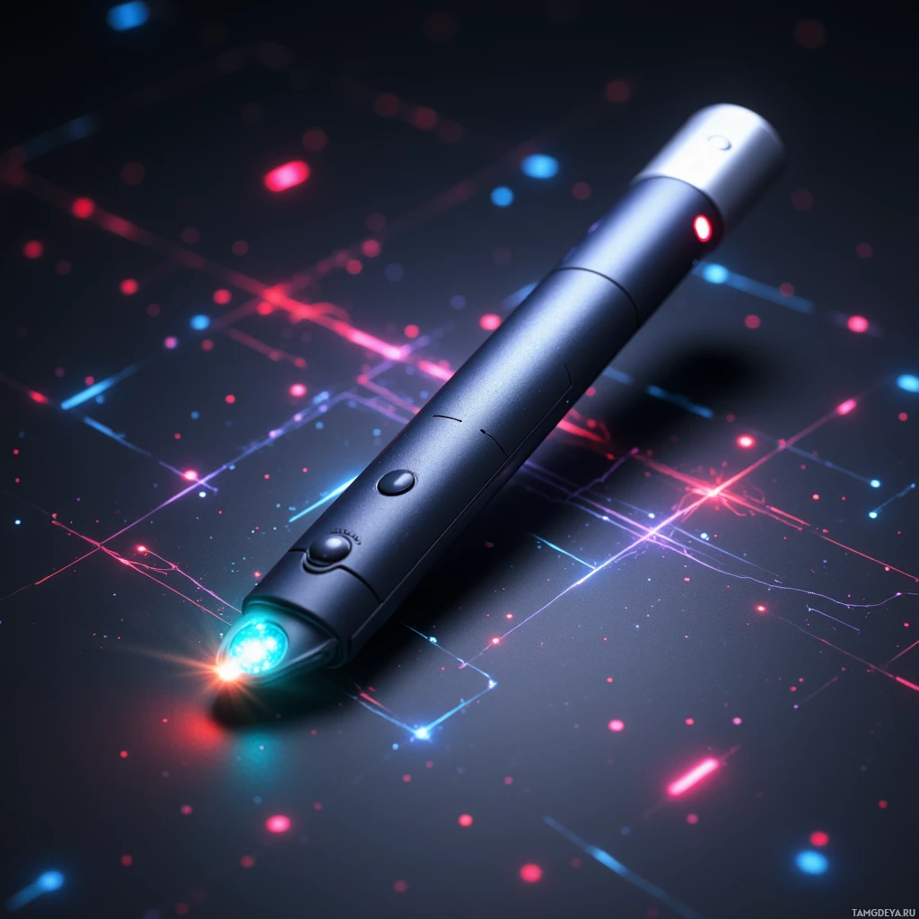 A futuristic pen with glowing lights against a dark, neon-lit background.