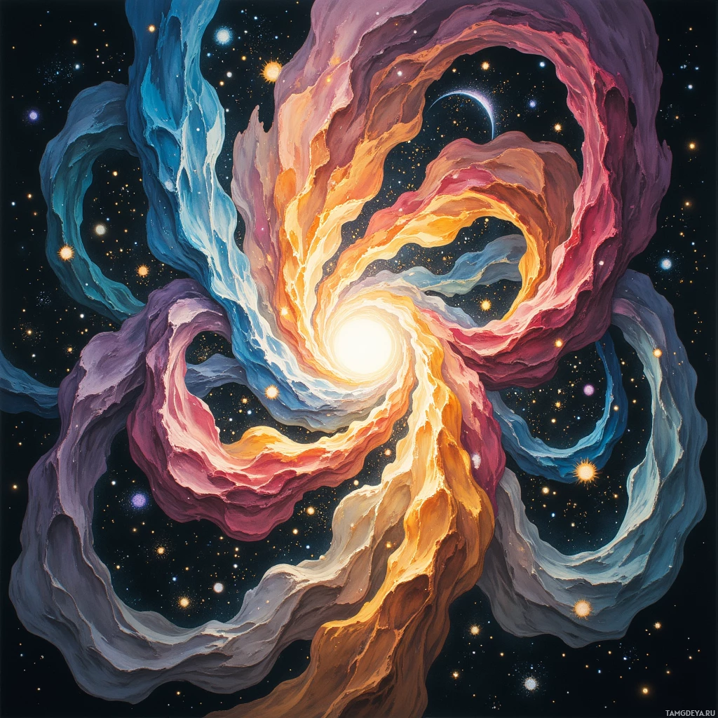 A vibrant cosmic scene featuring swirling nebulae and stars against a dark background.