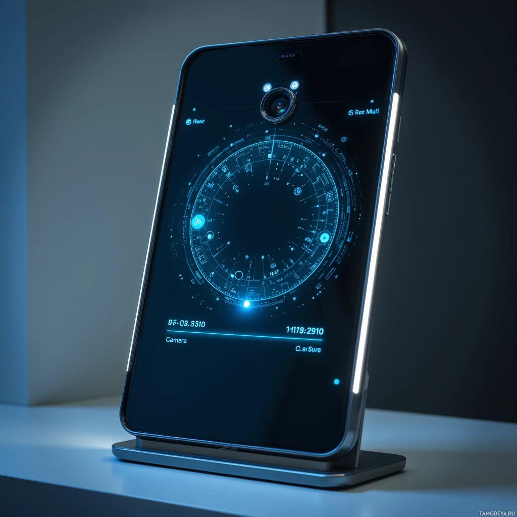 A futuristic smartphone with a sleek design and a glowing, high-tech display.