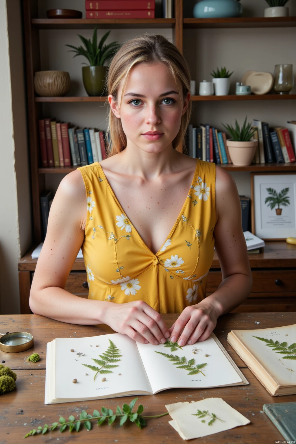 Realistic high quality photo. A 35‑year‑old woman with light brown hair in a neat low ponytail, blue eyes, pale skin, wearing a soft yellow sundress with white floral patterns, arranges pressed silver‑leafed ferns labeled like rare volumes on a wooden workbench in a cozy home study, beside a dusty monograph on mosses, a brass magnifying glass, and a whimsical illustration of a talking carnivorous plant, with a small puddle of spilled water from a neighbor’s over‑watering dripping onto the bench, late afternoon light.