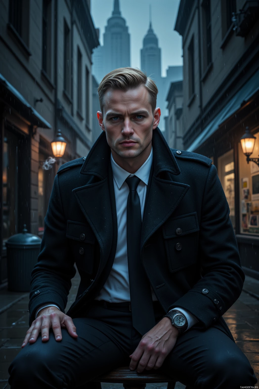 Realistic high quality photo. A tall, 35‑year‑old man with slicked‑back blonde hair, piercing blue eyes, pale complexion, wearing a tailored black trench coat over a crisp white shirt and black tie, seated at an immaculate desk in a rainy night alley with flickering streetlights, a single cigarette smoking in the corner, gazing at a distant skyline, noir atmosphere.