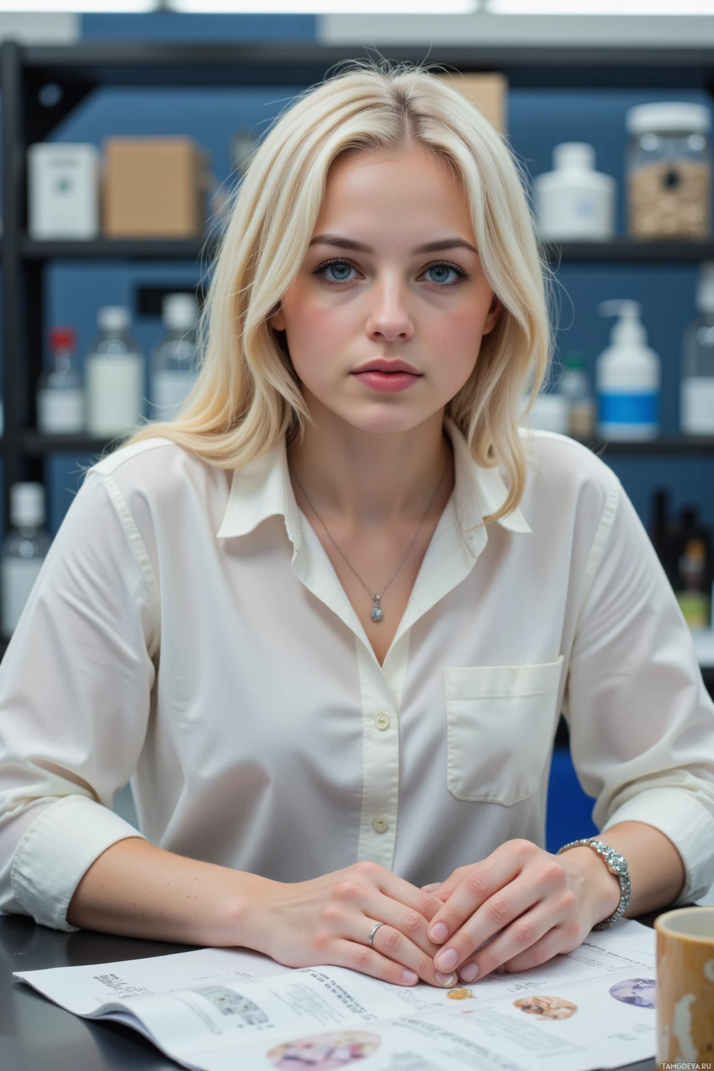Realistic high quality photo. 28-year-old woman with platinum blonde hair, bright blue eyes, porcelain skin, wearing a simple white blouse and delicate gemstone jewelry, photographing a tiny fractured crystal on a lab table in a modern chemistry lab under flickering fluorescent lights, a browned coffee cup beside her, with geology catalog pages spread nearby.