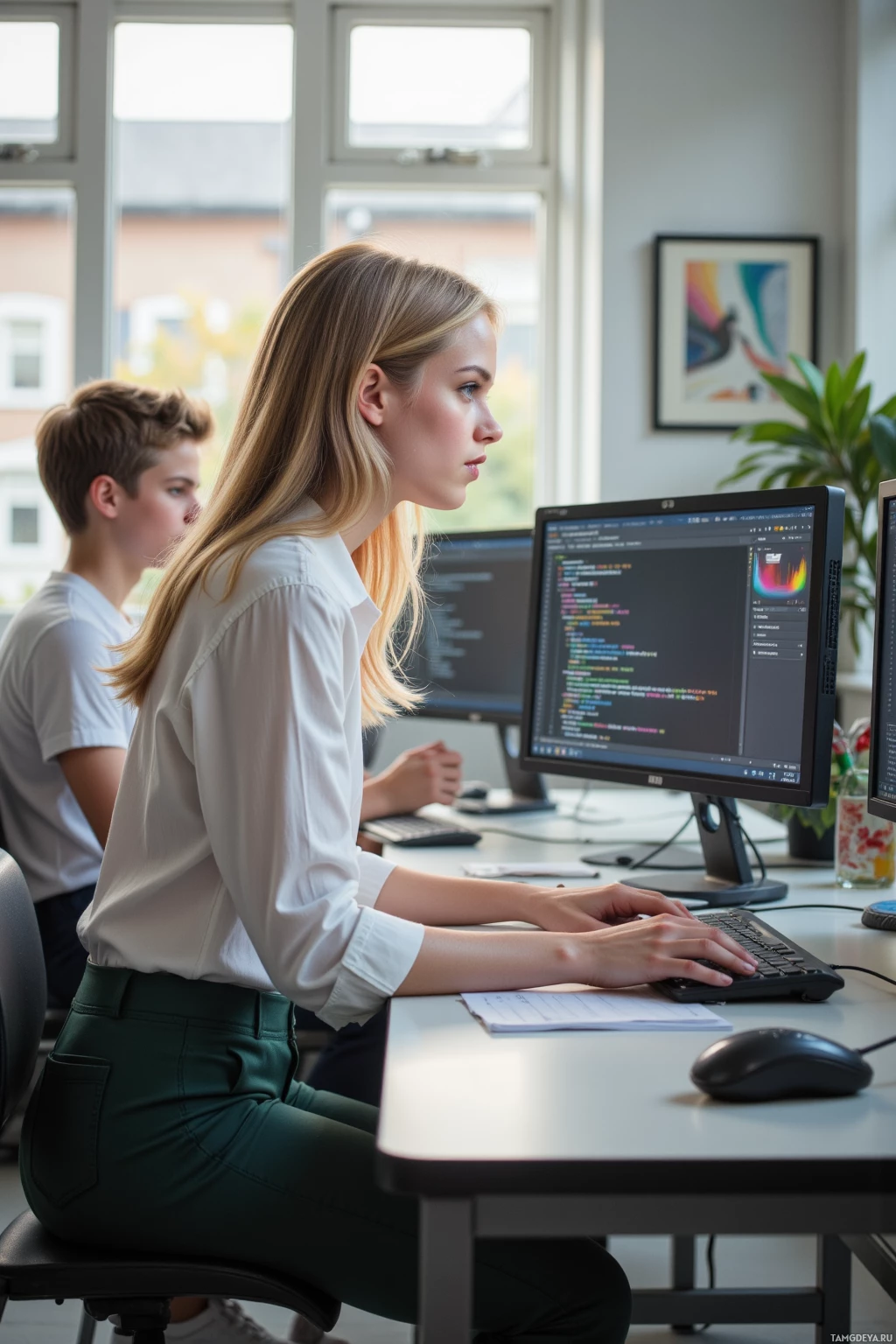 Realistic high quality photo. Morning in a modern school lab, a 33‑year‑old woman with long blonde hair, bright blue eyes, warm skin, wearing a white blouse and dark green trousers, watches a computer screen where lines of code illuminate like a tiny sunrise, as she meticulously tweaks the interface while a shy learner observes, sunlight streaming through the window.