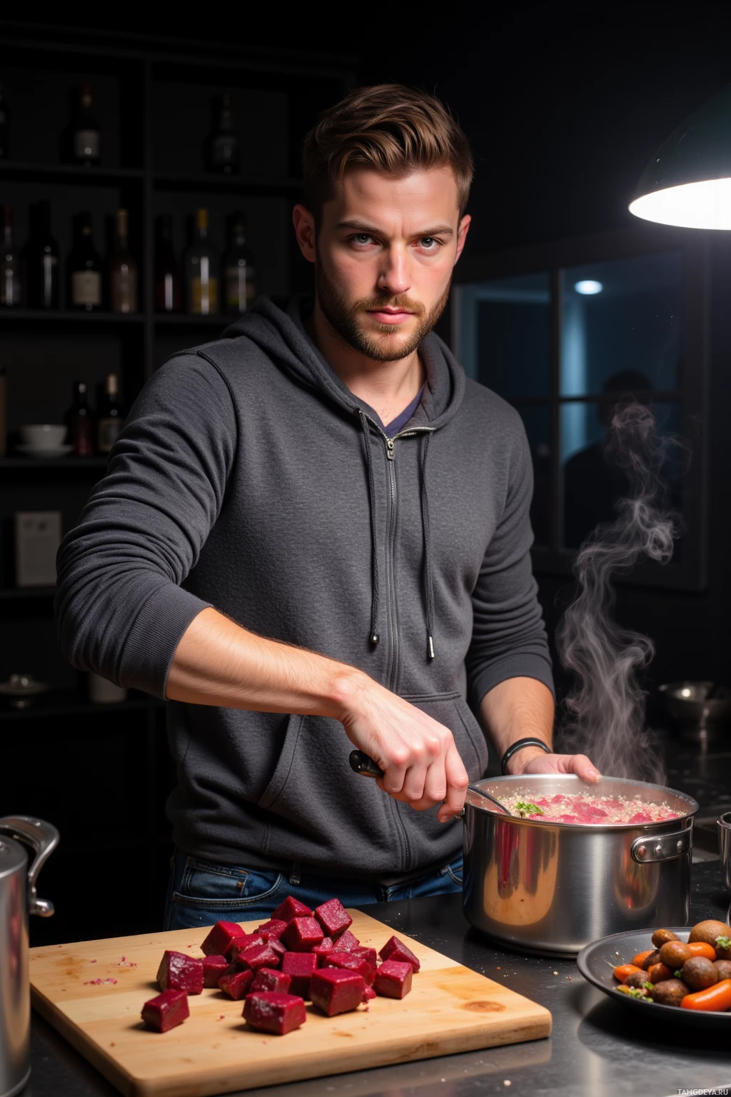 Realistic high quality photo. Male, 28, short light brown hair, trimmed beard, bright blue eyes, wearing a relaxed gray hoodie and faded blue jeans, standing in a dimly lit modern kitchen at midnight, stirring smoked beetroot into a quinoa broth in a stainless steel pot, steam curling, roasted beetroot cubes on a wooden cutting board, illuminated by a single overhead kitchen lamp, his confident hands and slightly raw, bold expression reflecting his culinary rebel personality.
