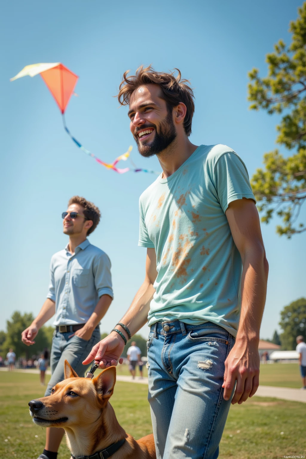 Realistic high quality photo. A 22‑year‑old man with messy brown hair, bright blue eyes, pale skin, wearing a faded light blue T‑shirt and worn casual jeans, laughs in a sunny park while a stray dog pulls a kite skyward, a child with a wide grin watches, and the child's father smiles beside them under a clear blue sky.
