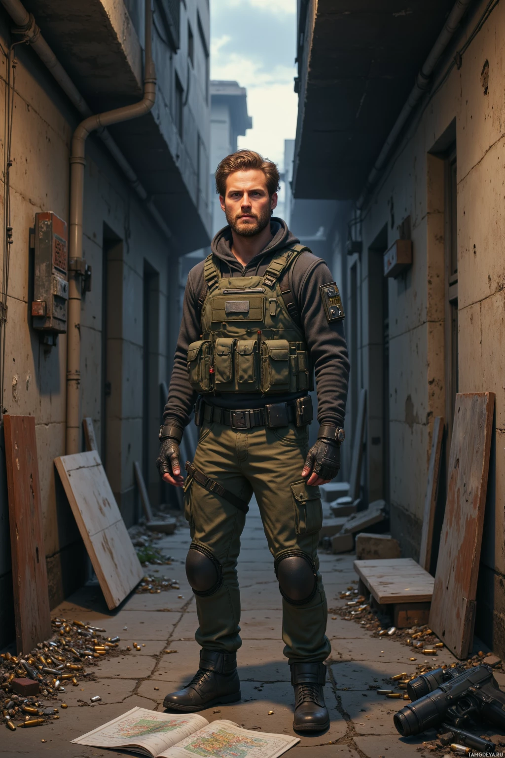 Realistic high quality photo. A 29‑year‑old man with light brown hair, blue eyes, scruffy beard, wearing a dark green tactical vest over a faded gray thermal shirt, stands in a ruined concrete alley at dusk, surrounded by piles of 9mm cartridges and a 2×2 wooden plank, berating a looping AI companion robot trapped in a corner, with an inventory map spread on the cracked floor.