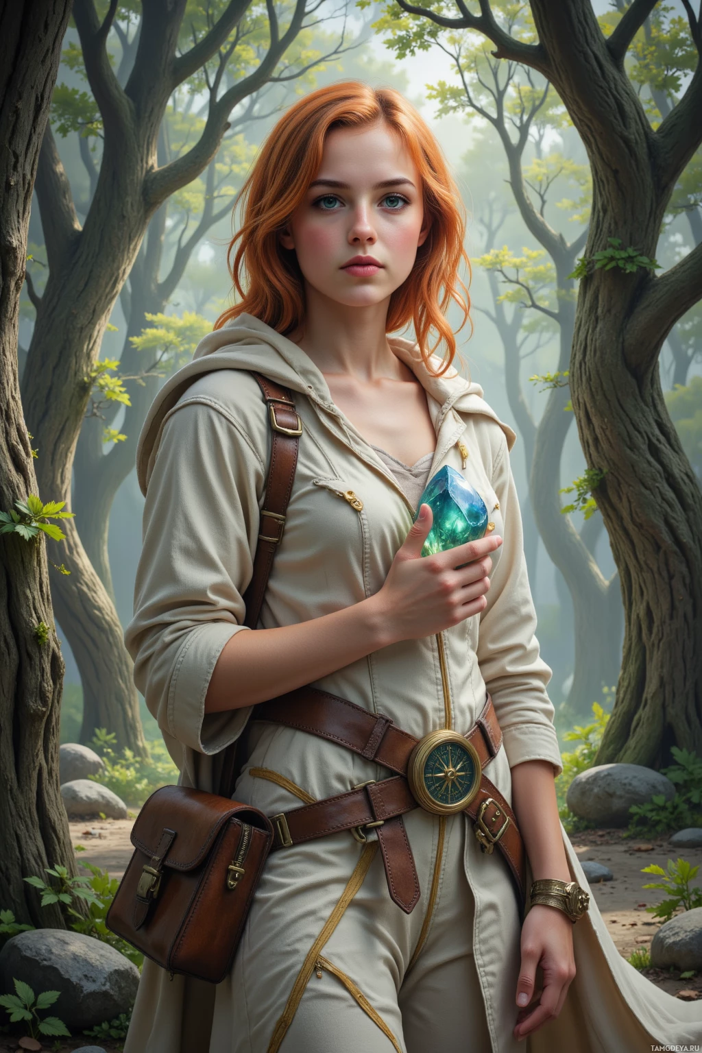 Realistic high quality photo. Young woman, bright green eyes, fiery red messy bob, fair skin, white tunic under light brown leather armor, flowing gold‑trimmed cloak, worn satchel, standing in a silvered glade of ancient trees humming with forgotten spells, holding a crystal stone and a misaligned compass, twilight mist swirling around her.