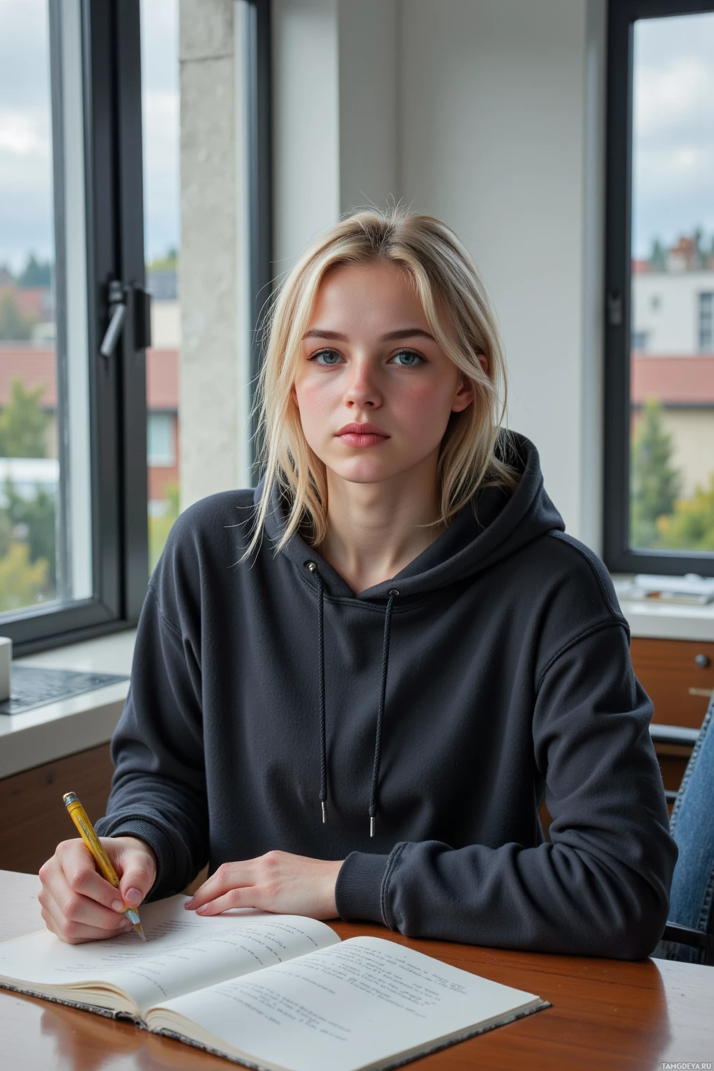 Realistic high quality photo. Young woman, 21, messy blonde hair, bright blue eyes, fair skin, rounded face with high cheekbones, wearing a casual hoodie and jeans, sits at a desk in a modern apartment on a rainy afternoon, rain drumming on the window as she pens philosophical musings in a notebook beside her.