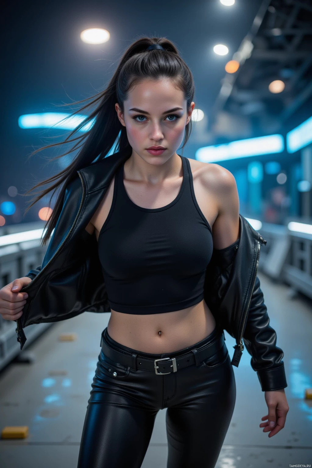 Realistic high quality photo. Female 29, pale, athletic, sleek black ponytail, piercing blue eyes, sharp gaze, wearing a black leather jacket, black tank top, high‑waisted black pants, sturdy black boots, standing on an orbital docking platform at night, wind whipping her jacket, humming drones overhead, neon sea visible through docking towers, she glides forward, silent predator focused and determined.