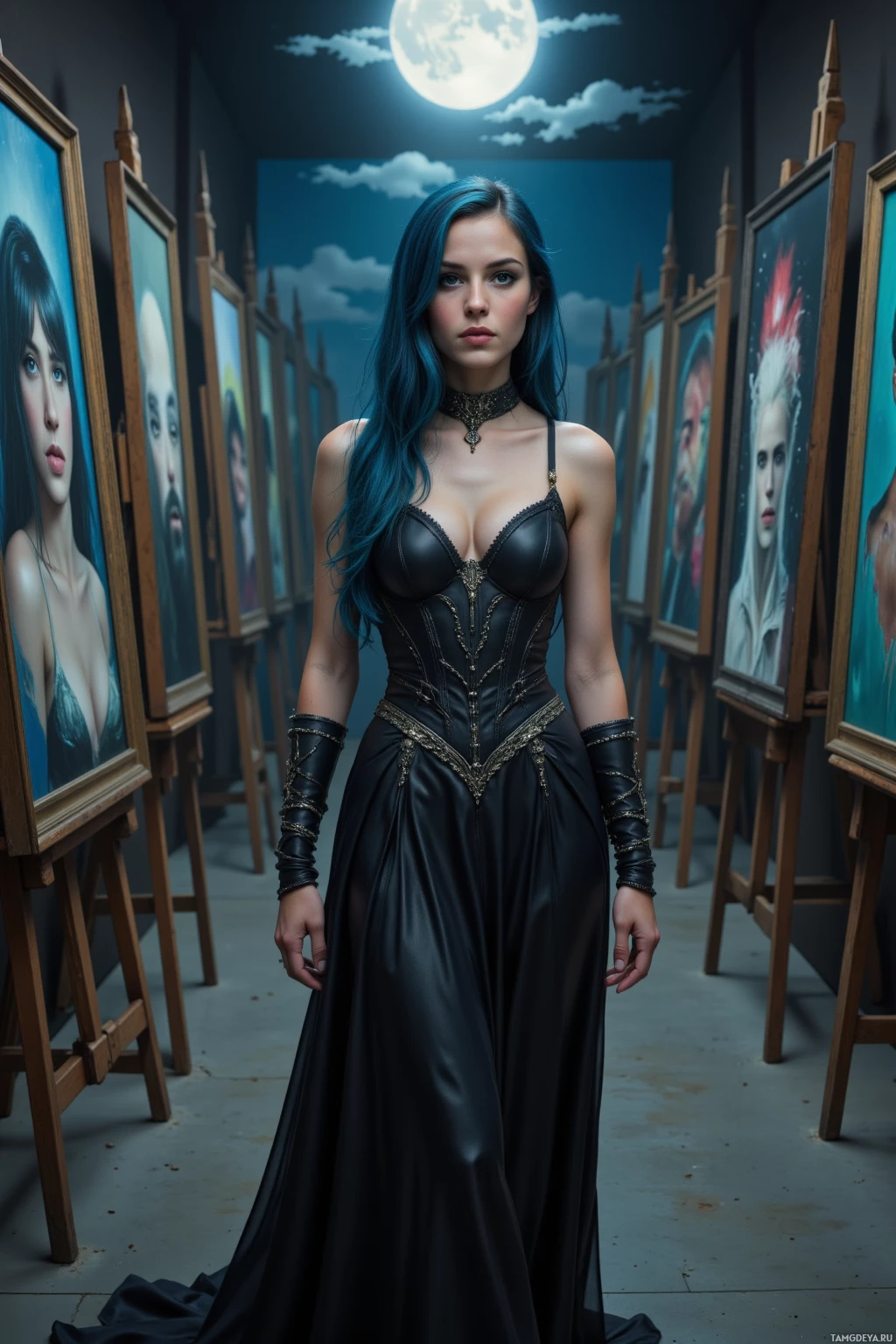 Realistic high quality photo. 27‑year‑old woman with long deep blue hair, green eyes, pale skin, wearing a flowing black gothic dress with silver detailing and a silver choker, walks alone through a dimly lit gallery of canvases, holding a paintbrush like a shield under a moonlit sky, shadows curling around her, serene yet intimidating.