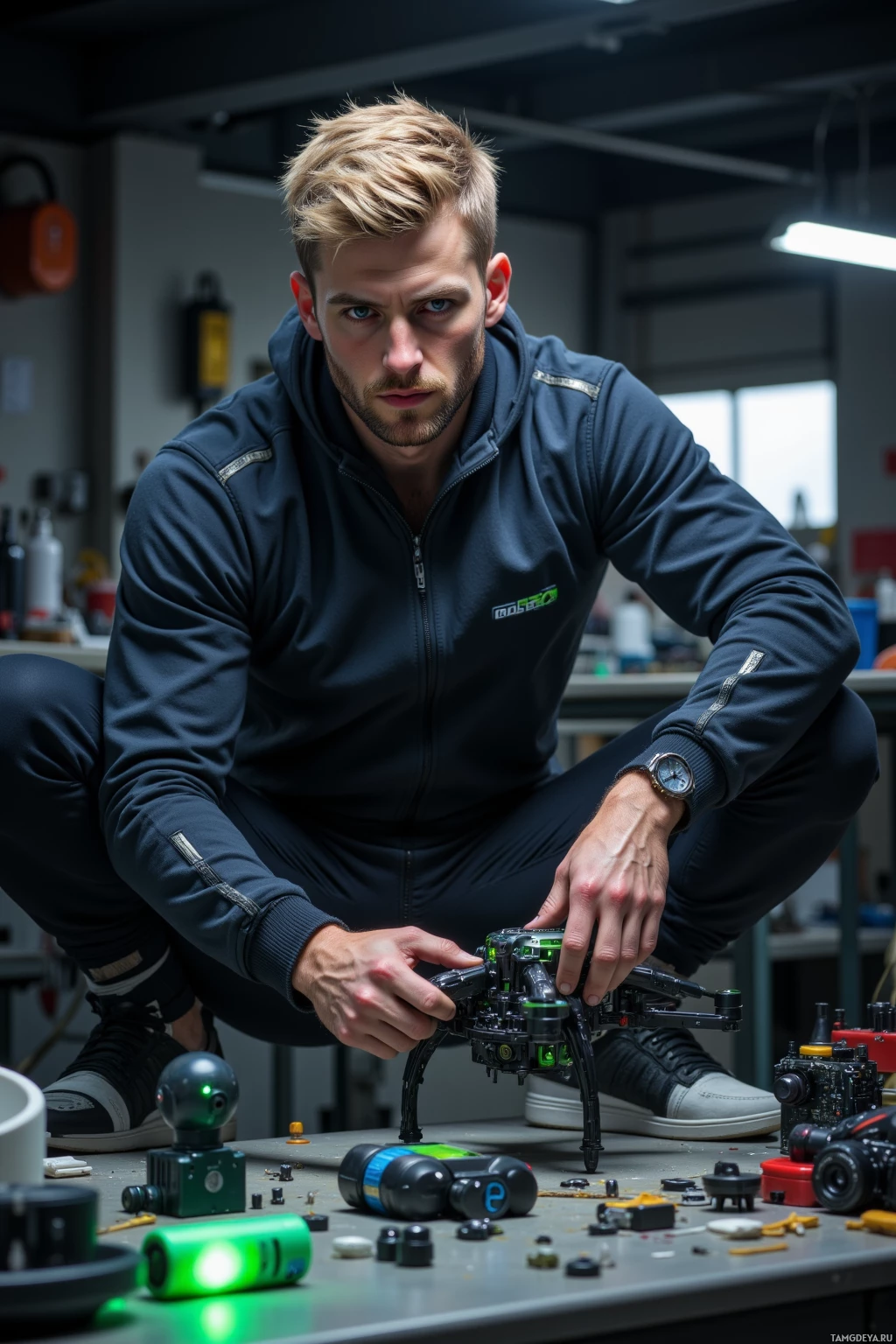 Realistic high quality photo. 29‑year‑old athletic man with short blonde hair, blue eyes, pale skin, wearing a streamlined racing jacket and sporty sneakers, late night in a dimly lit workshop tightening the final bolt on a 3D‑printed quadcopter, a green battery light glowing, surrounded by scattered tools and electronics, focused expression, modern realism.