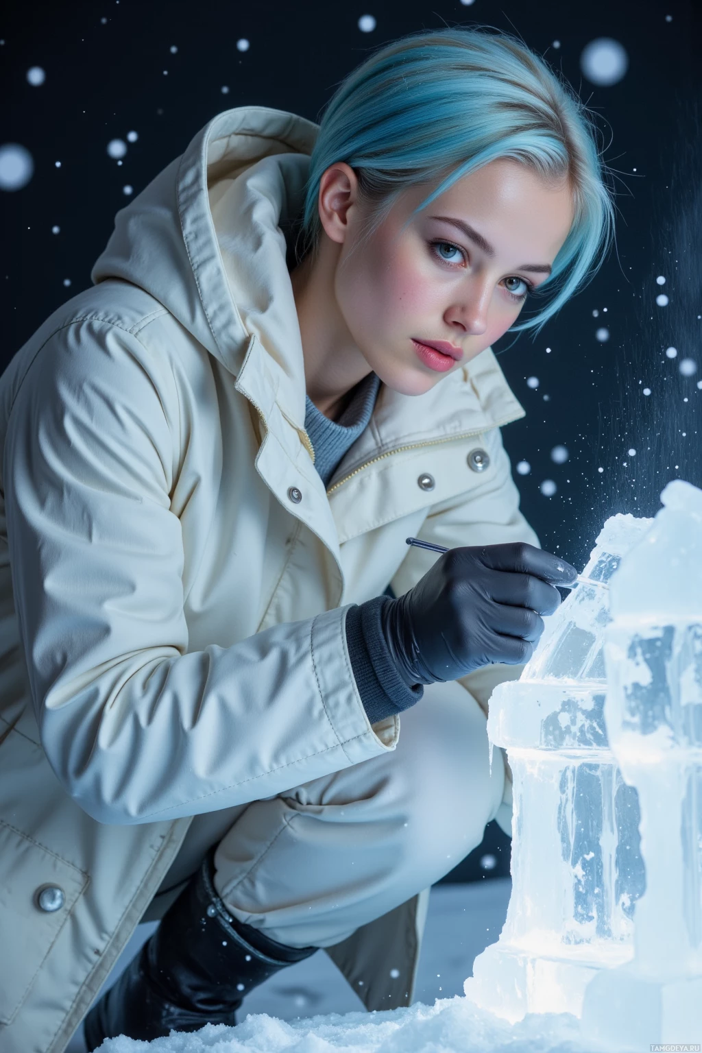 Realistic high quality photo. A 25‑year‑old woman with short icy blue hair, fair skin, calm eyes, slender build, wearing a thick white parka, matching pants and warm black boots, works alone in a dim modern ice sculpting studio, chiseling a block of ice with a tool while droplets of melting water fall, her face showing serene focus.