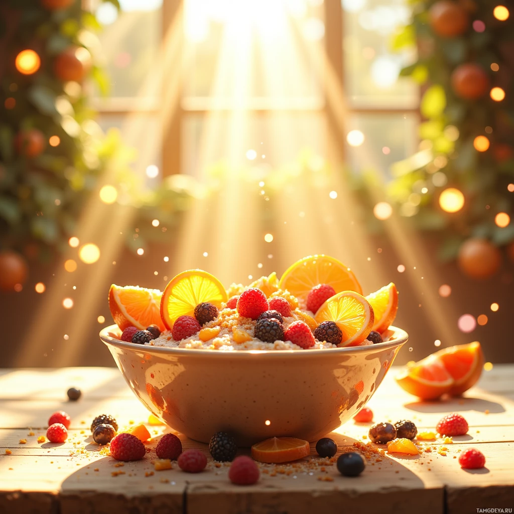 Semi-abstract image with many empty light space at center of beautiful background, that is suitable for the post:  Sunlight spills over my smoothie bowl, turning my day into a kaleidoscope of citrus dreams.