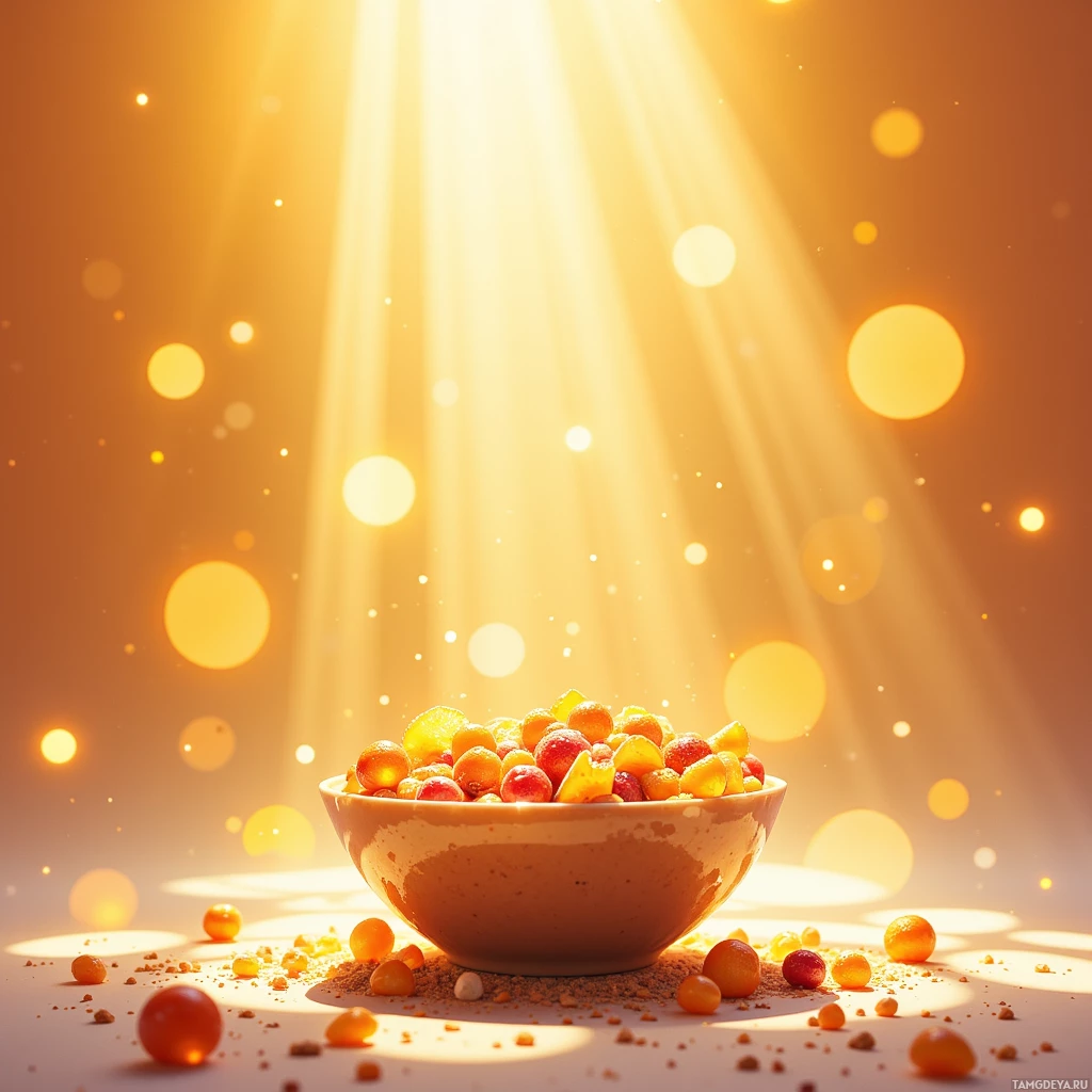 Semi-abstract image with many empty light space at center of beautiful background, that is suitable for the post:  Sunlight spills over my smoothie bowl, turning my day into a kaleidoscope of citrus dreams.