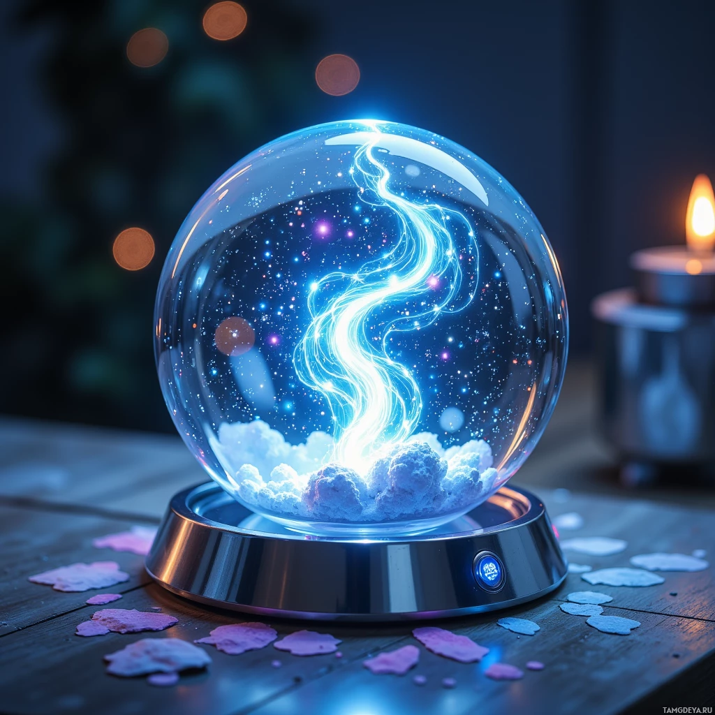 Semi-abstract image with many light, that is suitable for the post:  translucent glass orb with a crystal bubble containing swirling sky, sleek silver frame, tiny sensor embedded, projecting miniature aurora that shifts colors with heartbeat.