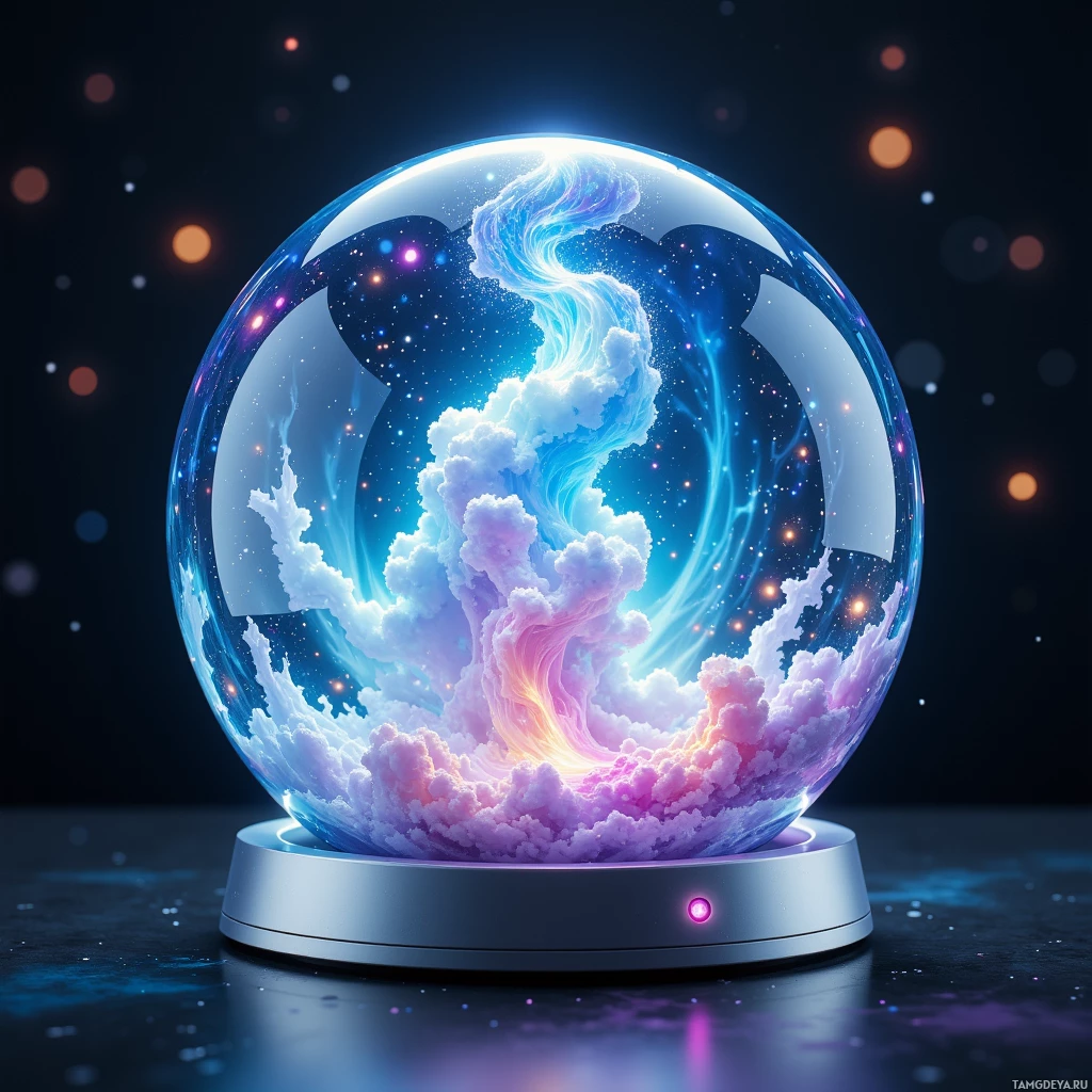Semi-abstract image with many light, that is suitable for the post:  translucent glass orb with a crystal bubble containing swirling sky, sleek silver frame, tiny sensor embedded, projecting miniature aurora that shifts colors with heartbeat.