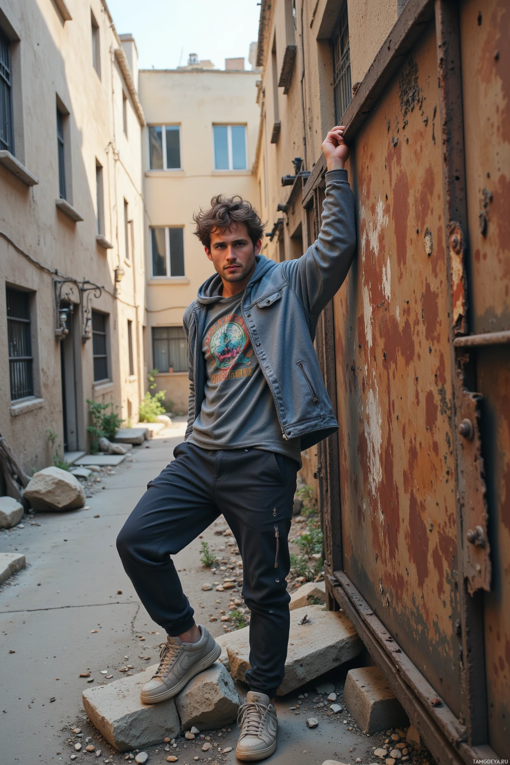 Realistic high quality photo. A 27‑year‑old man with messy brown hair, bright blue eyes, warm beige skin, wearing a gray hoodie over a graphic tee, dark joggers, worn sneakers, climbs a rusted abandoned billboard holding a wind‑tugged tarp, surrounded by crumbling courtyard debris, dirt‑filled streets, late afternoon light.