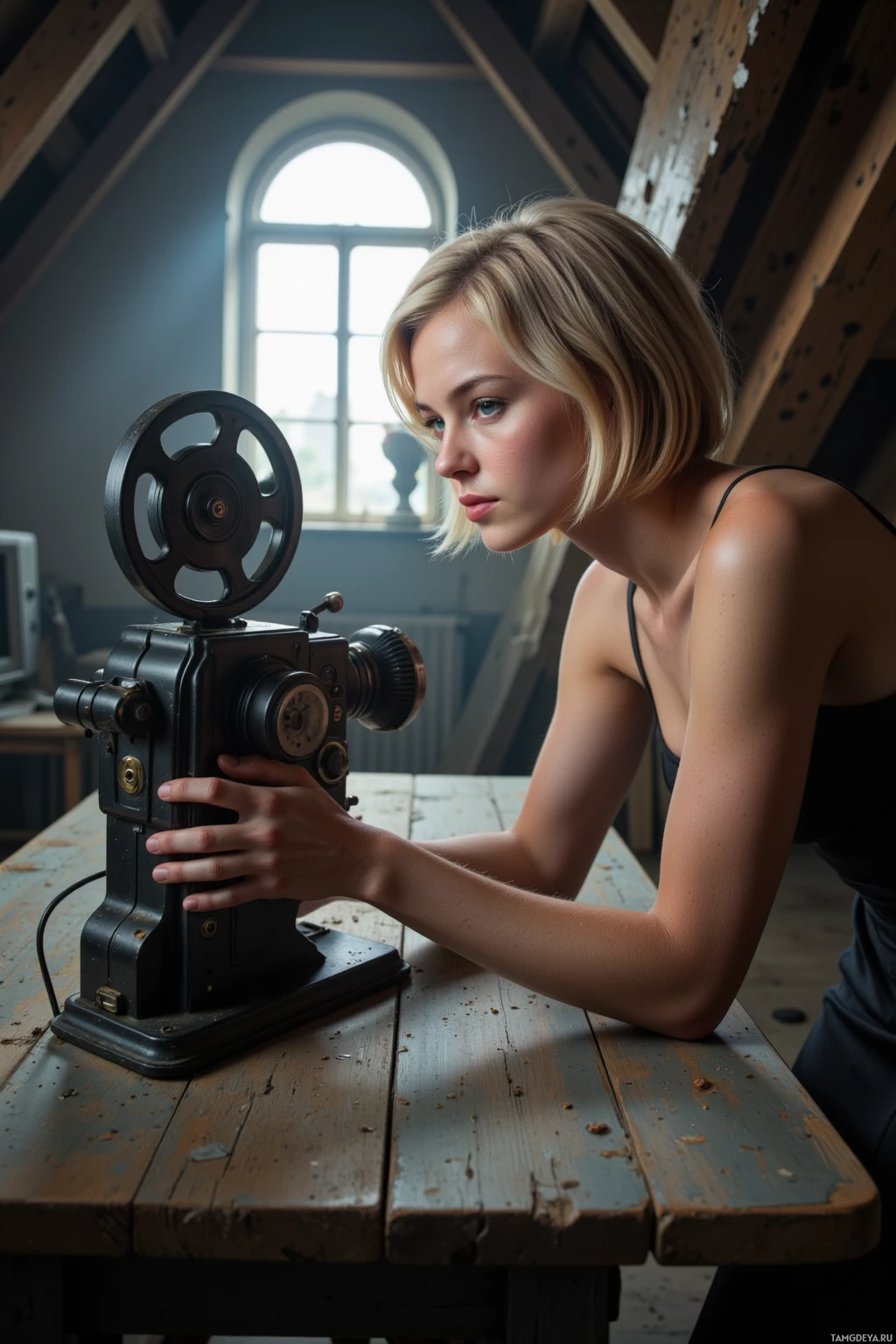 Realistic high quality photo. 40‑year‑old woman with short blonde hair, blue eyes, pale skin, wearing a sleek black dress, hunched over an old projector in a dusty attic studio with light filtering through cracked windows, dust motes swirling, she watches a 1972 Argentine film as the projector’s gears click.